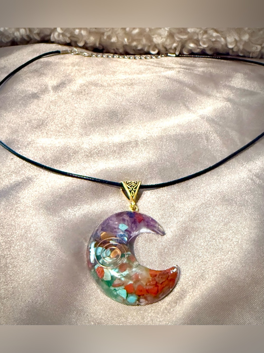 Crescent Moon Multicolor Pendant Necklace with Gold Bail